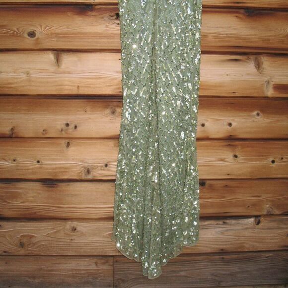 MAC DUGGAL 4908 Green High Neck Sleeveless Beaded Fringe Fitted Gown Dress - Picture 12 of 13